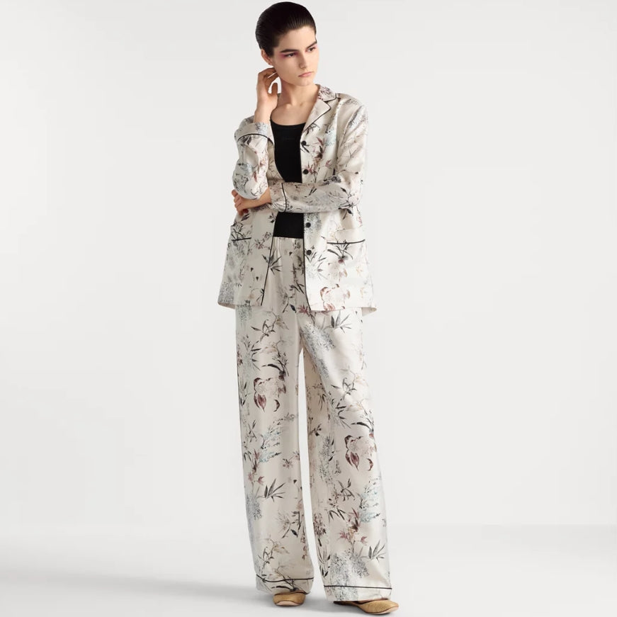 White Lightweight Silk Twill with Multicolor Millefiori Motif Shirt Pants Set