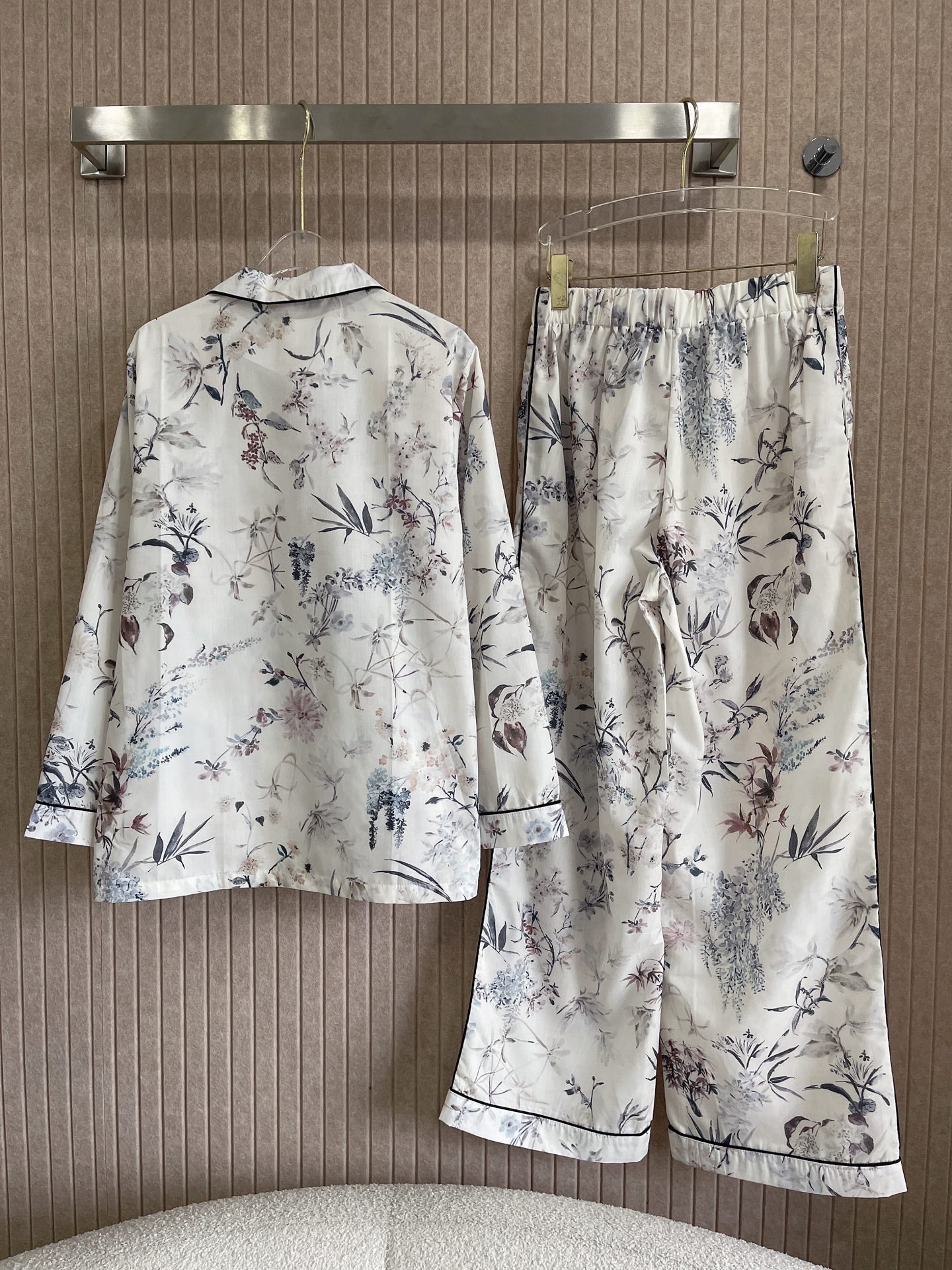 White Lightweight Silk Twill with Multicolor Millefiori Motif Shirt Pants Set