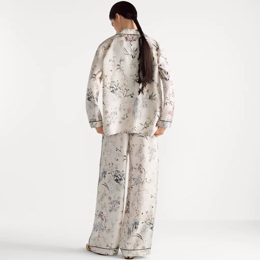 White Lightweight Silk Twill with Multicolor Millefiori Motif Shirt Pants Set
