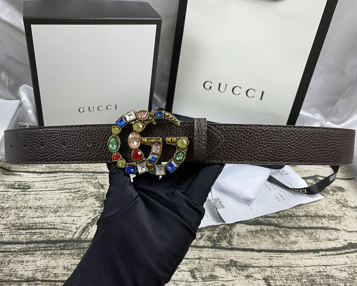4 Colors  double G seven-color rhinestone double-sided lychee pattern belt