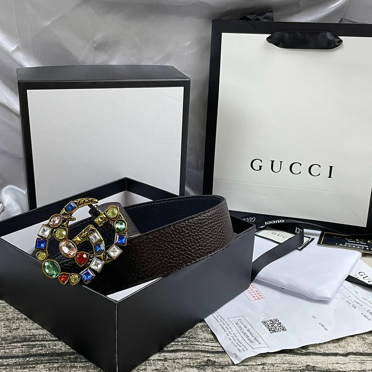 4 Colors  double G seven-color rhinestone double-sided lychee pattern belt