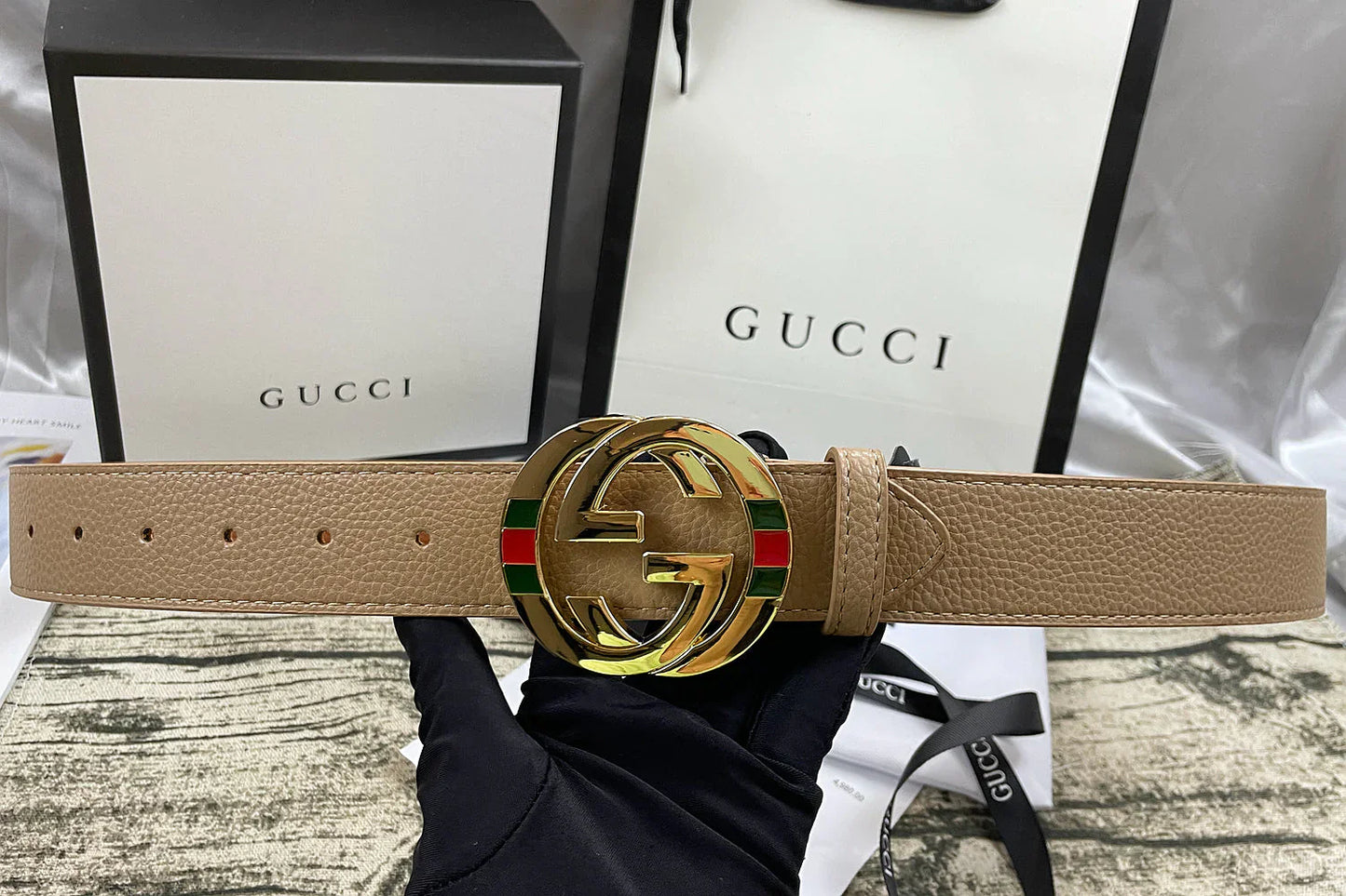4 Colors  double-G three-layer lychee pattern double-sided belt
