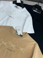 Beaded 3D Butterfly Flower Letter Print T-shirt