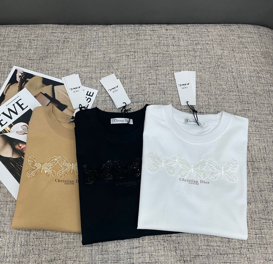 Beaded 3D Butterfly Flower Letter Print T-shirt