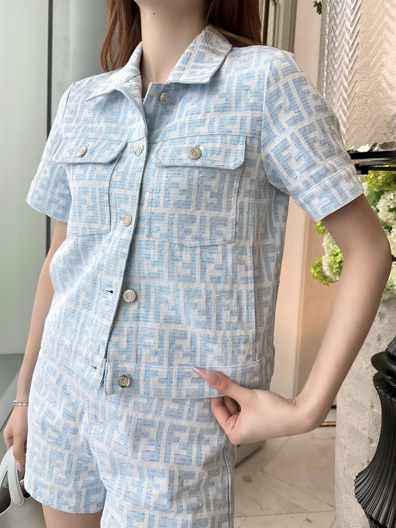 Blue F Chambray Jacket and Shorts Set