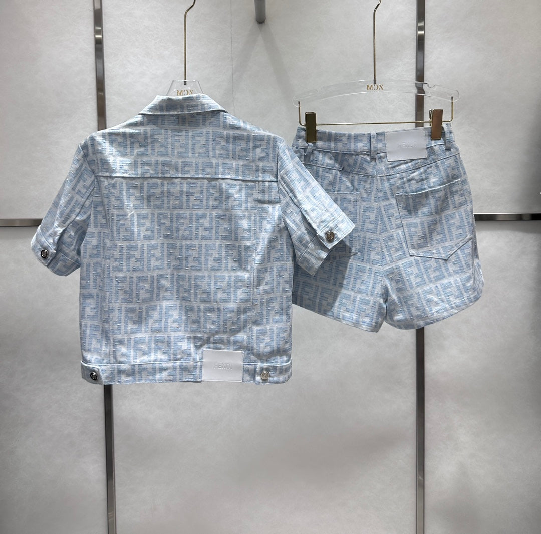 Blue F Chambray Jacket and Shorts Set