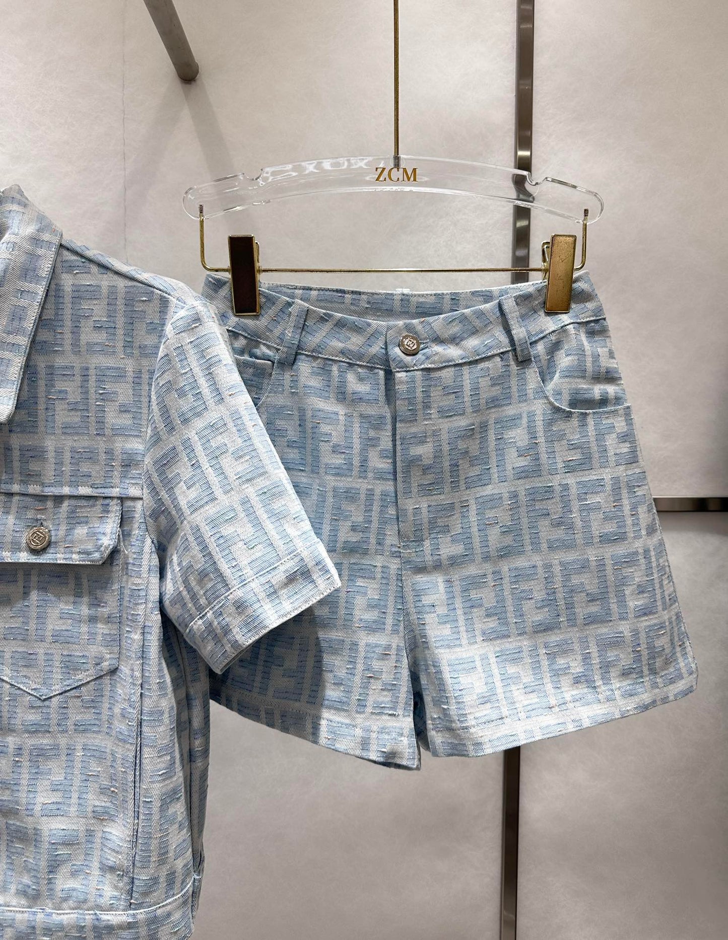Blue F Chambray Jacket and Shorts Set