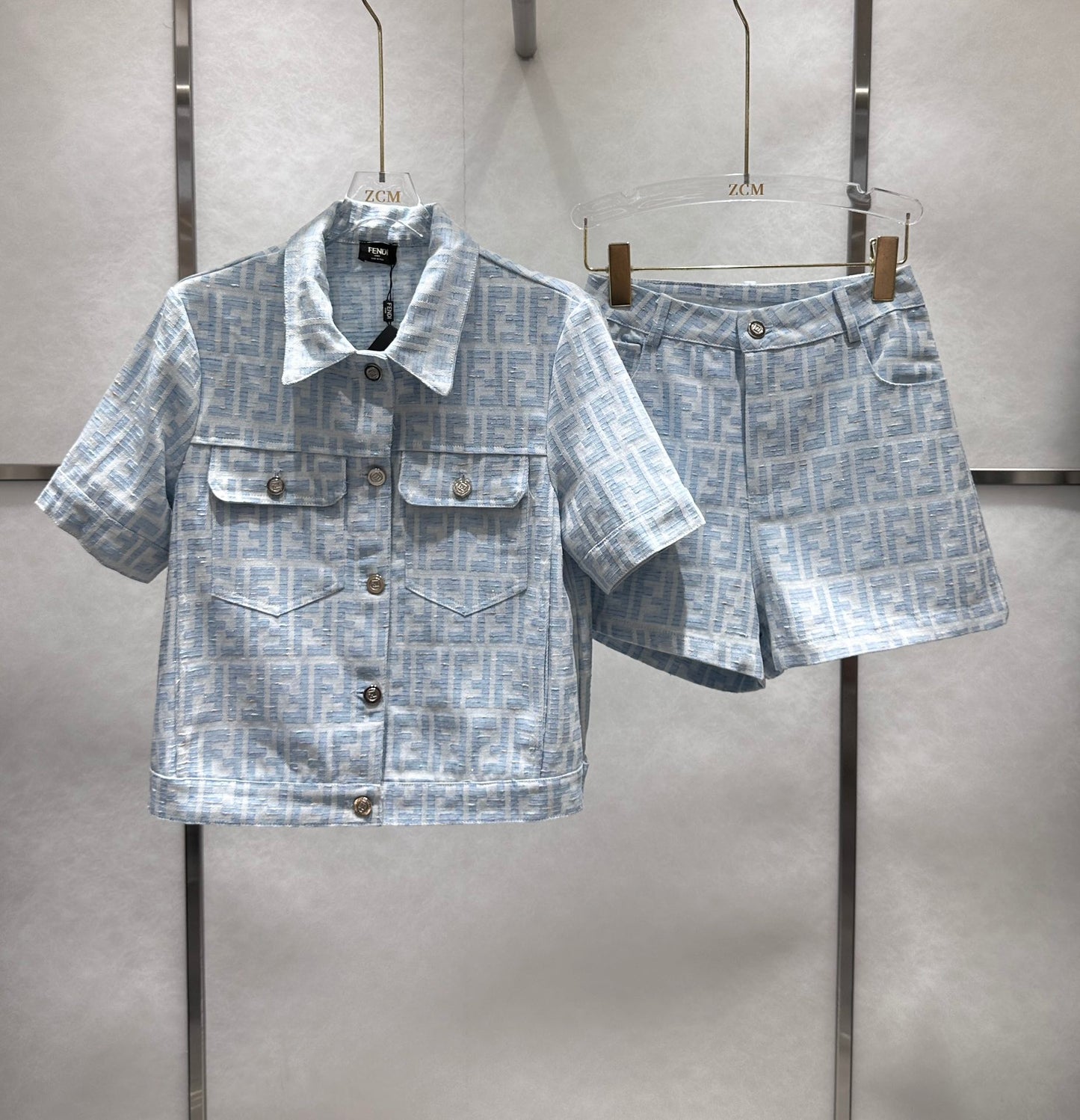 Blue F Chambray Jacket and Shorts Set