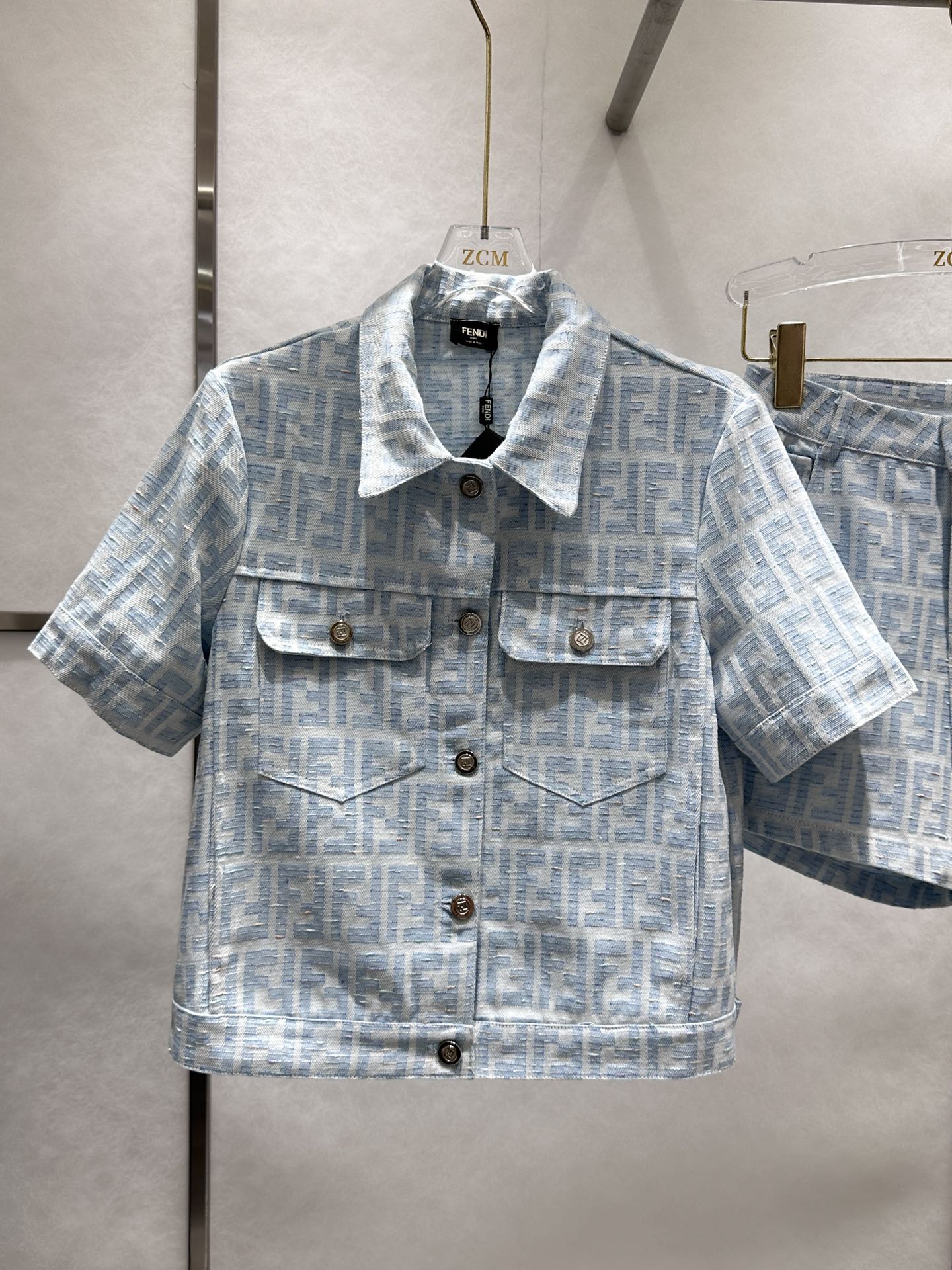 Blue F Chambray Jacket and Shorts Set