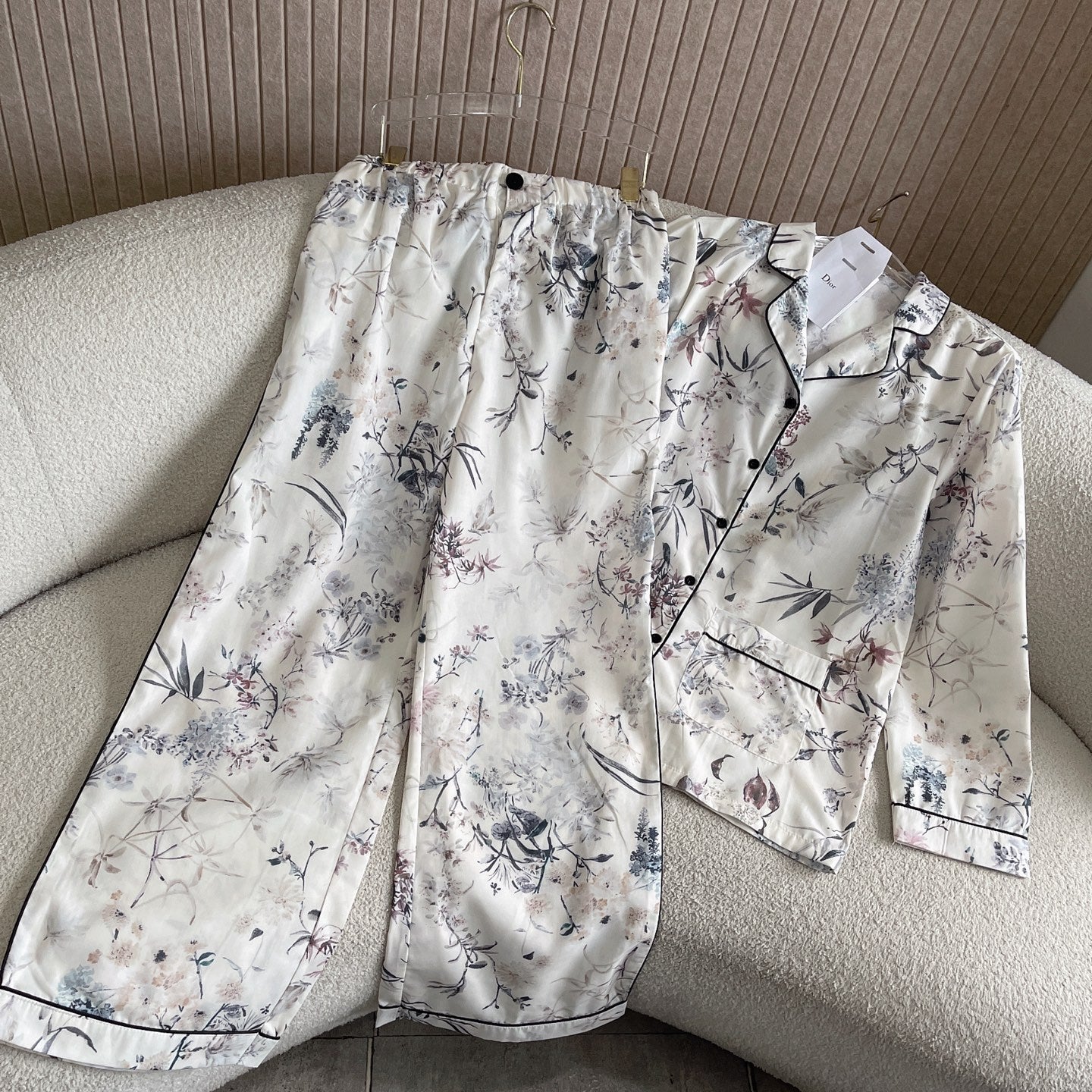 White Lightweight Silk Twill with Multicolor Millefiori Motif Shirt Pants Set