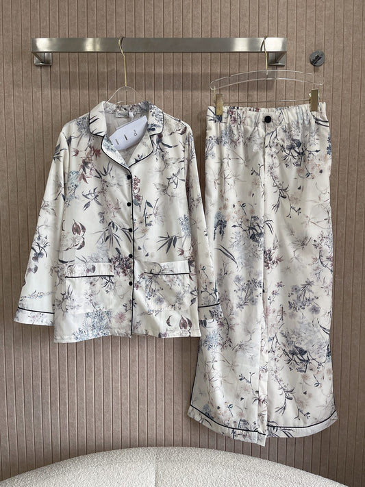 White Lightweight Silk Twill with Multicolor Millefiori Motif Shirt Pants Set